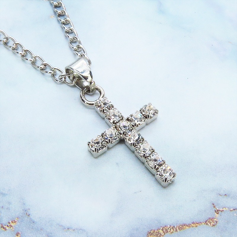 ラインストーンを使ったクロス(十字架)のコンパクトなネックレス ワンポイント 長さ変更可 SV925変更可 アジャスター追加可