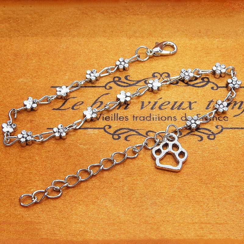 小さな可愛い花柄モチーフのチェーンと肉球のチャームのシルバーカラーブレスレット 猫 犬 アジャスター付