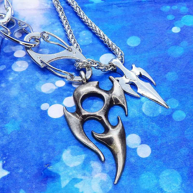 炎のモチーフとS字カラビナとチタン鋼チェーンのネックレス 自由自在 パンク ロック ダブルモチーフ S字フック 7連