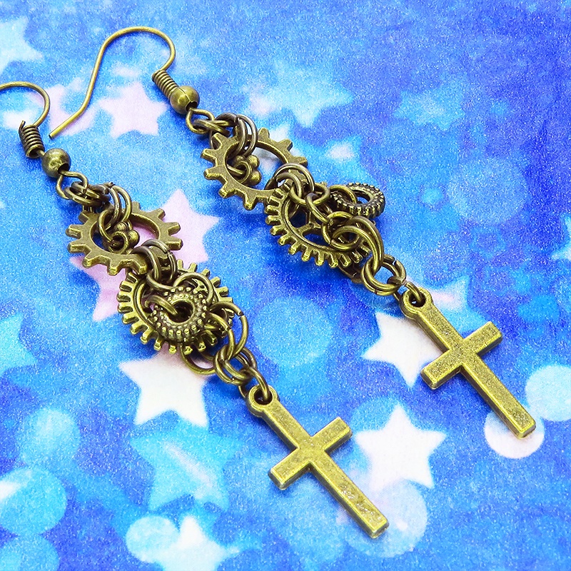 アンティークゴールド ロザリオ(十字架)と歯車を組合せたピアス スチームパンク風 コンパクト