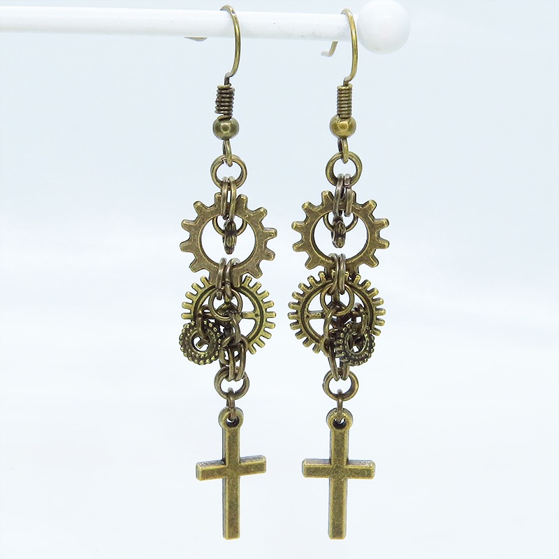 アンティークゴールド ロザリオ(十字架)と歯車を組合せたピアス スチームパンク風 コンパクト