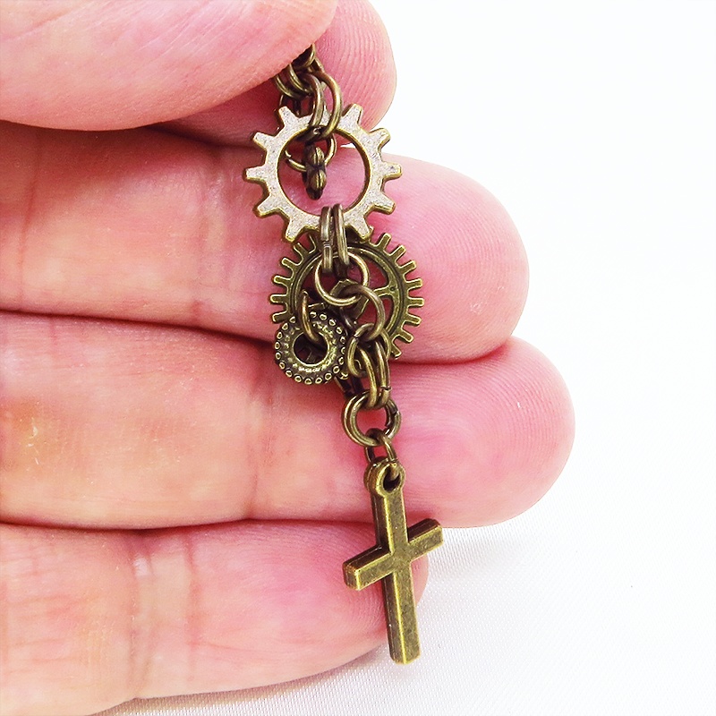 アンティークゴールド ロザリオ(十字架)と歯車を組合せたピアス スチームパンク風 コンパクト