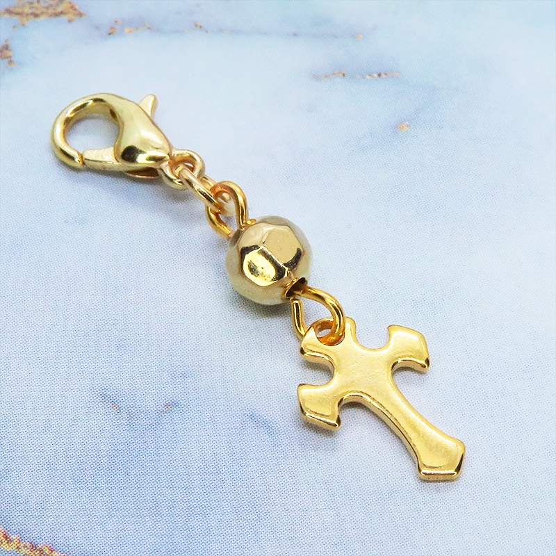 マスクチャーム ゴールドカラー ロザリオ(十字架)とメタルビーズのチャーム ステンレス コンパクト スリム