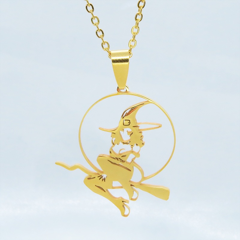 ステンレス製ゴールドカラーのホウキにまたがる魔女のペンダントネックレス ウィッチ ムーン アジャスター追加可