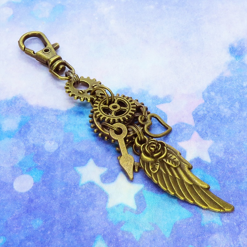 アンティークゴールド 翼(ウィング)と歯車を組合せたスチームパンク風キーホルダー ハート