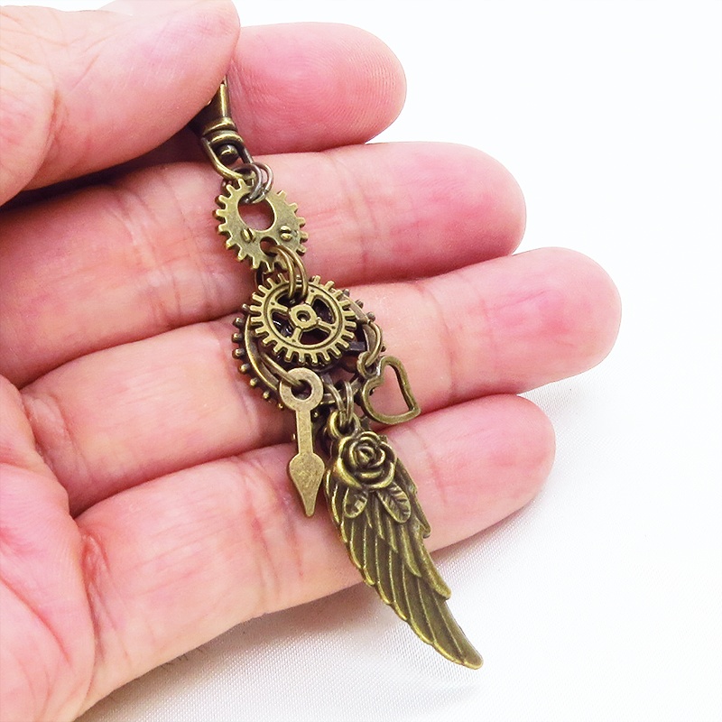 アンティークゴールド 翼(ウィング)と歯車を組合せたスチームパンク風キーホルダー ハート