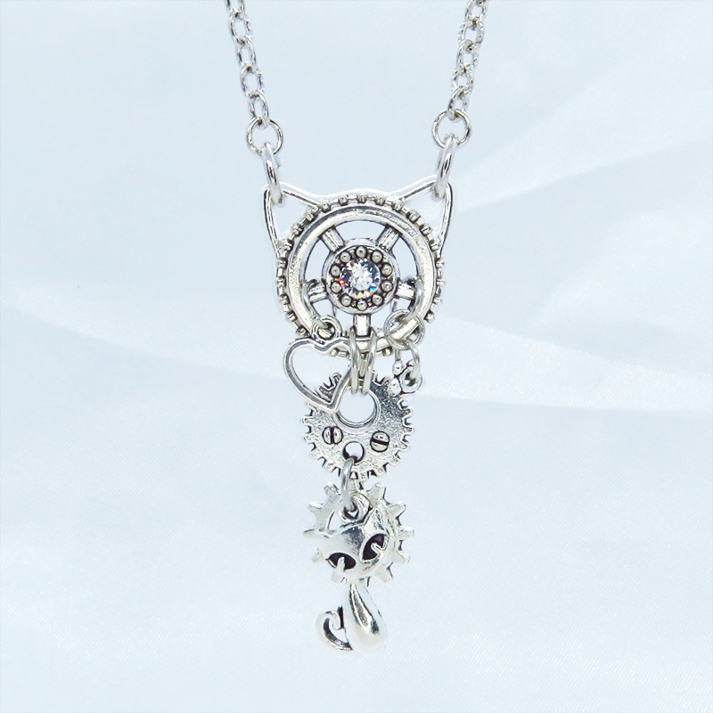 アンティークシルバー 猫と猫耳歯車のスチームパンク風ネックレス スワロフスキー アジャスター付 長さ変更可