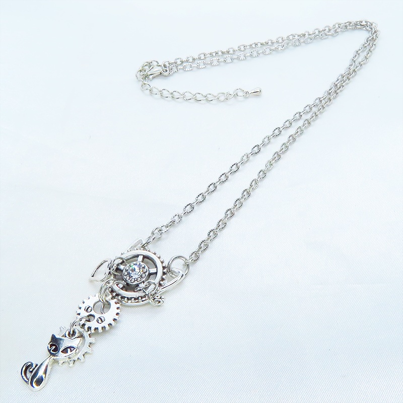 アンティークシルバー 猫と猫耳歯車のスチームパンク風ネックレス スワロフスキー アジャスター付 長さ変更可