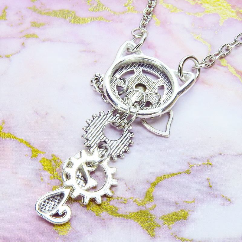 アンティークシルバー 猫と猫耳歯車のスチームパンク風ネックレス スワロフスキー アジャスター付 長さ変更可