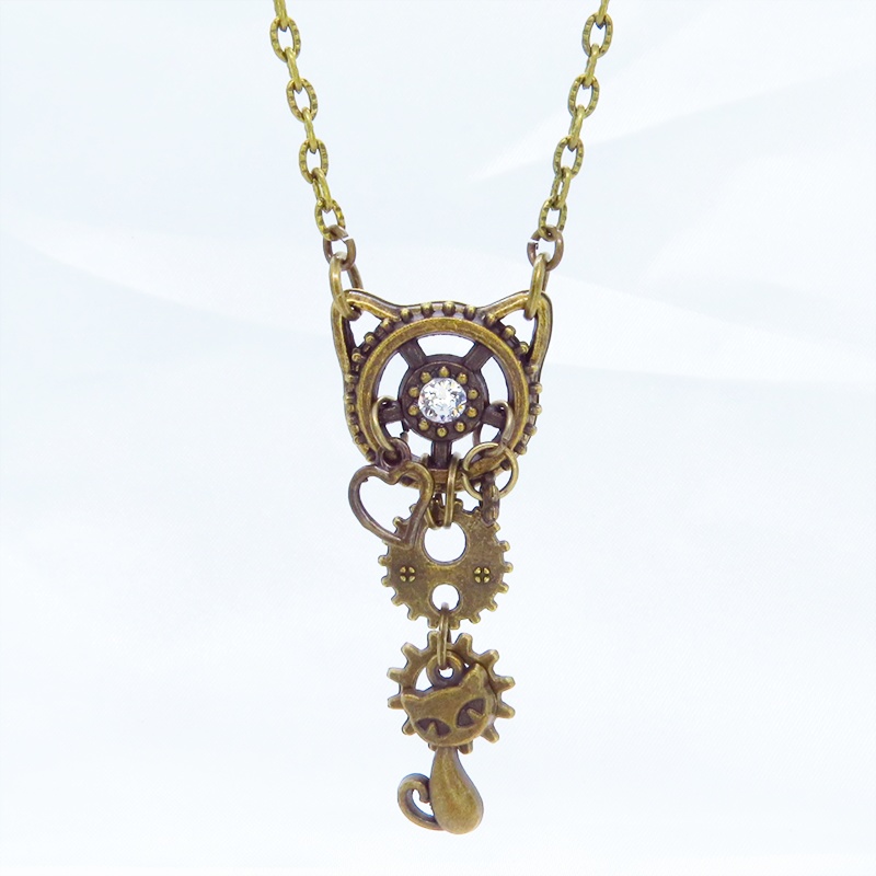 アンティークゴールド 猫と猫耳歯車のスチームパンク風ネックレス スワロフスキー アジャスター付 長さ変更可