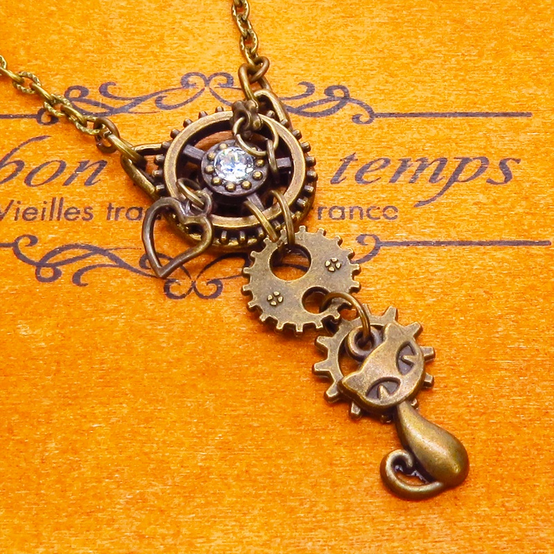 アンティークゴールド 猫と猫耳歯車のスチームパンク風ネックレス スワロフスキー アジャスター付 長さ変更可