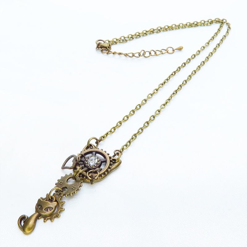 アンティークゴールド 猫と猫耳歯車のスチームパンク風ネックレス スワロフスキー アジャスター付 長さ変更可