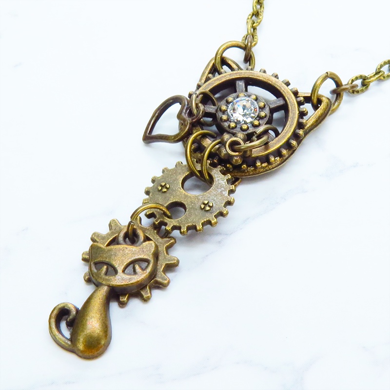 アンティークゴールド 猫と猫耳歯車のスチームパンク風ネックレス スワロフスキー アジャスター付 長さ変更可