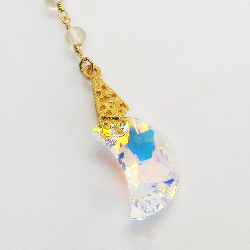 14KGF ゴールドフィルド 猫シルエットモチーフネックレス 大粒の三日月型スワロフスキーと3連レモンクオーツ