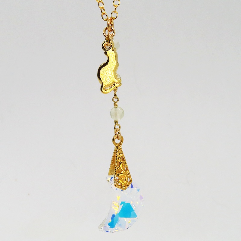14KGF ゴールドフィルド 猫シルエットモチーフネックレス 大粒の三日月型スワロフスキーと3連レモンクオーツ