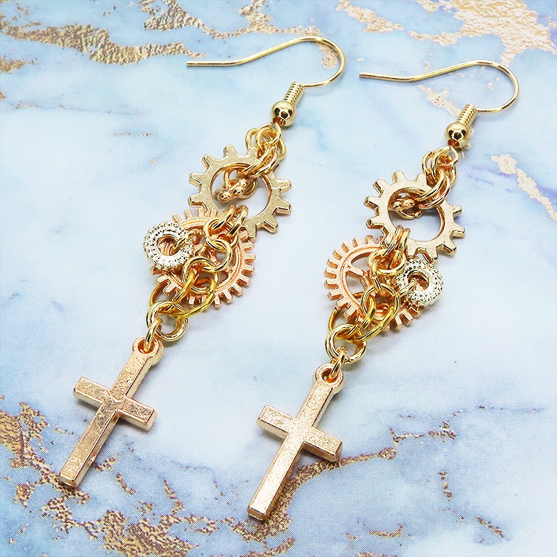 マットゴールド ロザリオ(十字架)と歯車を組合せたピアス スチームパンク風 コンパクト サージカル可