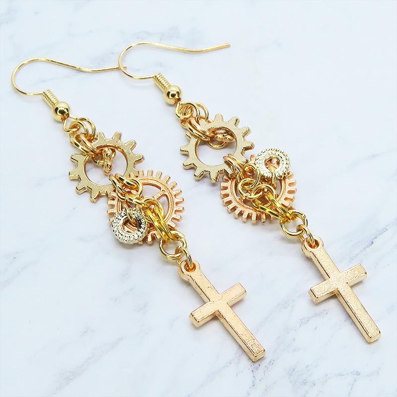 マットゴールド ロザリオ(十字架)と歯車を組合せたピアス スチームパンク風 コンパクト サージカル可