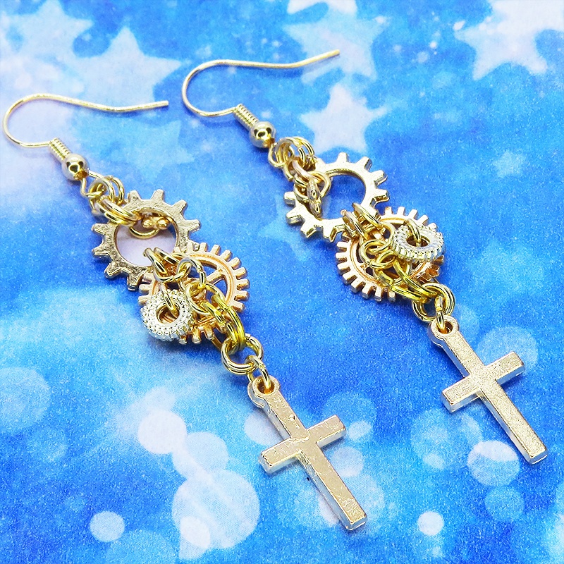 マットゴールド ロザリオ(十字架)と歯車を組合せたピアス スチームパンク風 コンパクト サージカル可