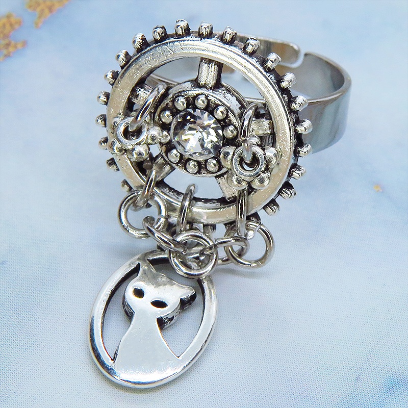アンティークシルバー スチームパンク風猫と歯車のリング スワロフスキー チェーン フリーサイズ