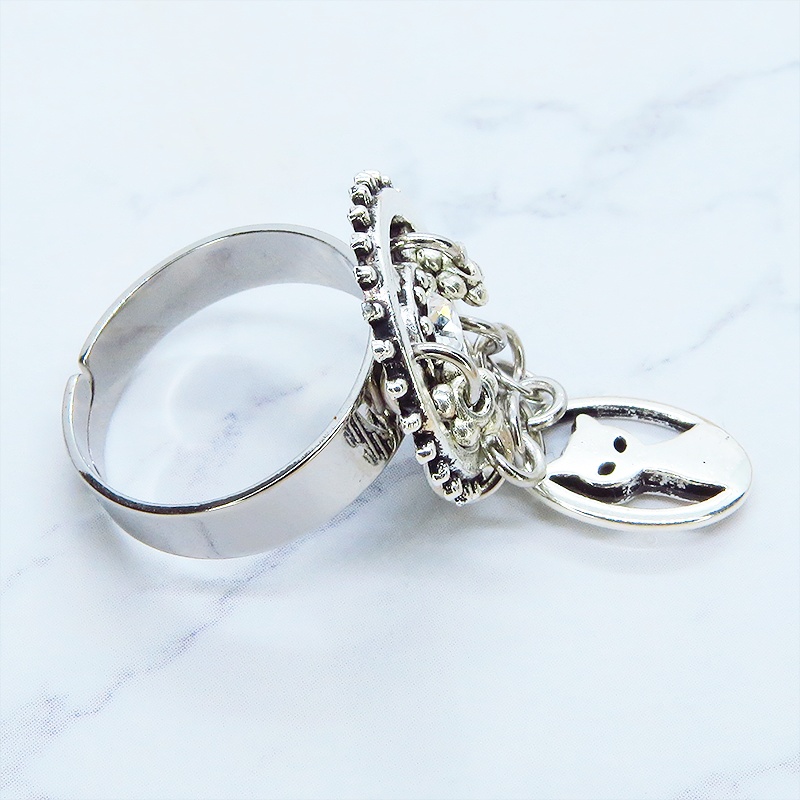 アンティークシルバー スチームパンク風猫と歯車のリング スワロフスキー チェーン フリーサイズ