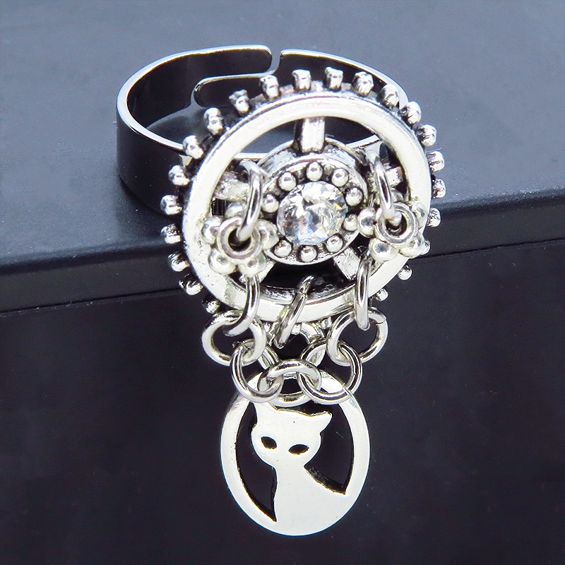 アンティークシルバー スチームパンク風猫と歯車のリング スワロフスキー チェーン フリーサイズ
