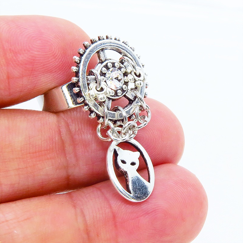 アンティークシルバー スチームパンク風猫と歯車のリング スワロフスキー チェーン フリーサイズ