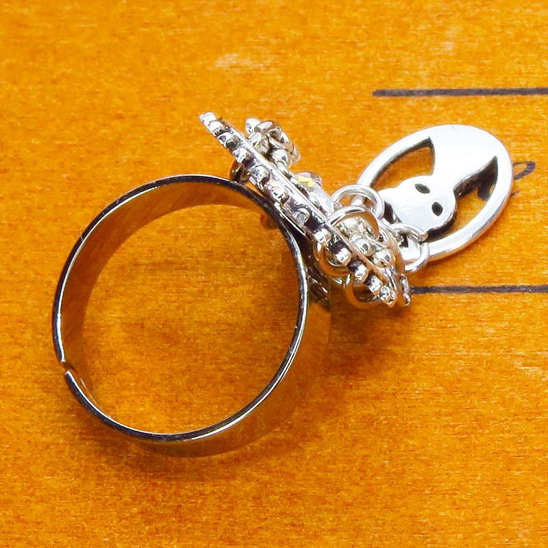 アンティークシルバー スチームパンク風猫と歯車のリング スワロフスキー チェーン フリーサイズ