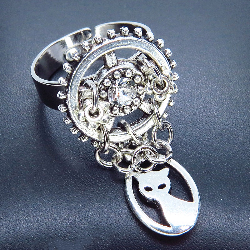 アンティークシルバー スチームパンク風猫と歯車のリング スワロフスキー チェーン フリーサイズ