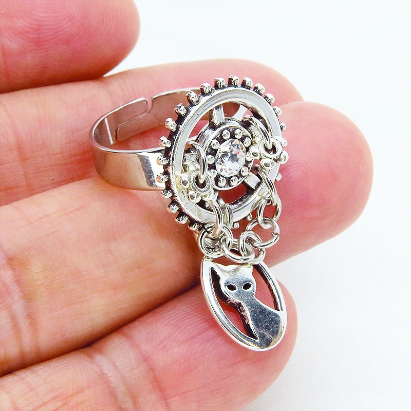 アンティークシルバー スチームパンク風猫と歯車のリング スワロフスキー チェーン フリーサイズ