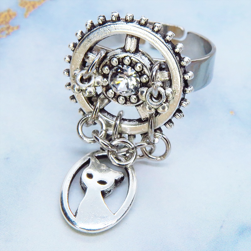 アンティークシルバー スチームパンク風猫と歯車のリング スワロフスキー チェーン フリーサイズ