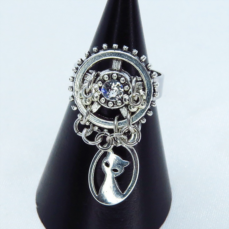 アンティークシルバー スチームパンク風猫と歯車のリング スワロフスキー チェーン フリーサイズ