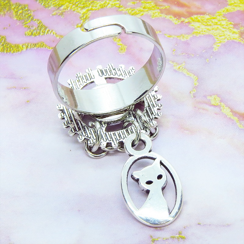 アンティークシルバー スチームパンク風猫と歯車のリング スワロフスキー チェーン フリーサイズ