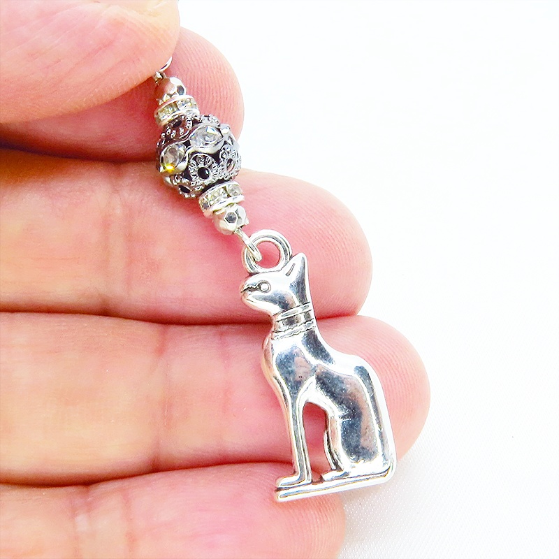 バステト 猫の女神 アンティークシルバー メタルチャームと組合せたオリエンタル調キーホルダー バッグチャーム