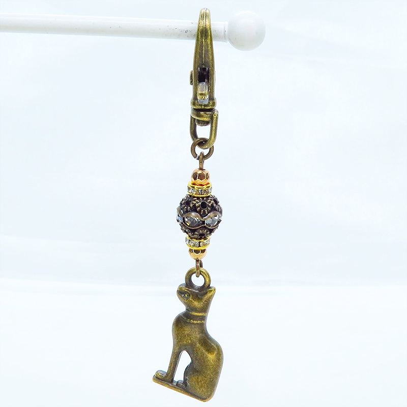 バステト 猫の女神 アンティークゴールド メタルチャームと組合せたオリエンタル調キーホルダー バッグチャーム