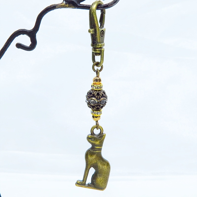 バステト 猫の女神 アンティークゴールド メタルチャームと組合せたオリエンタル調キーホルダー バッグチャーム