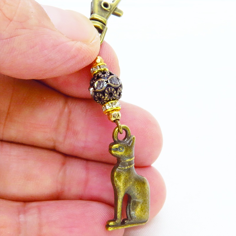 バステト 猫の女神 アンティークゴールド メタルチャームと組合せたオリエンタル調キーホルダー バッグチャーム
