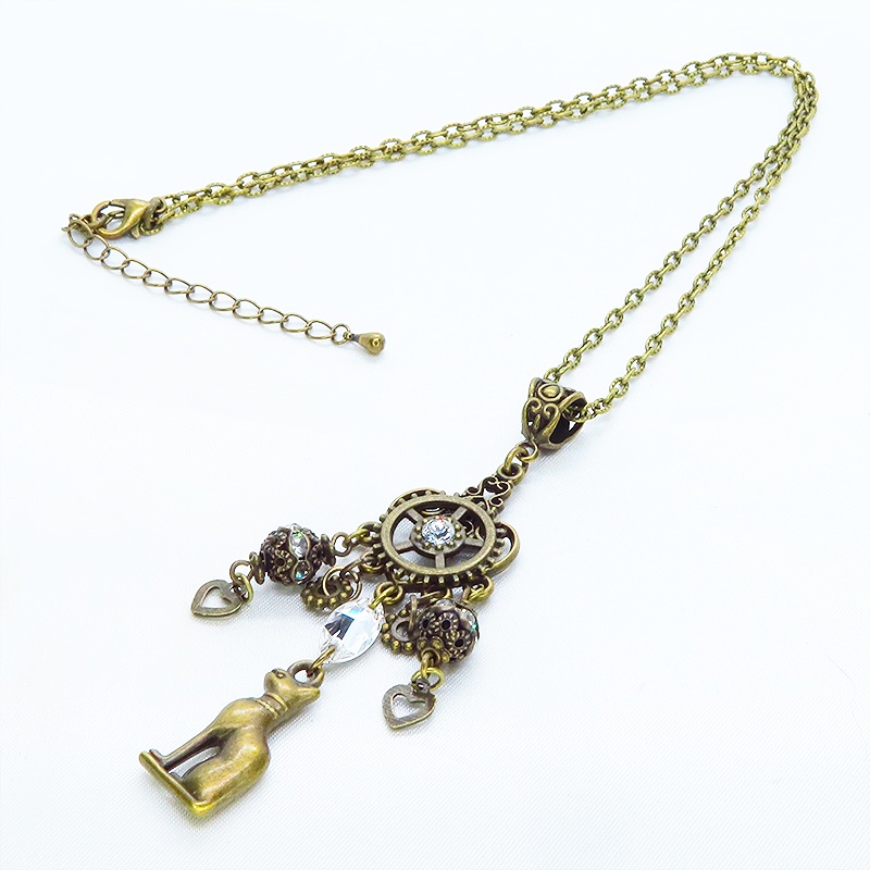 バステト 猫の女神 アンティークゴールド オリエンタル風スワロフスキーとメタルビーズを組合せたネックレス アジャスター