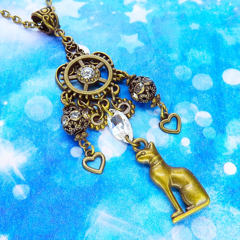 バステト 猫の女神 アンティークゴールド オリエンタル風スワロフスキーとメタルビーズを組合せたネックレス アジャスター