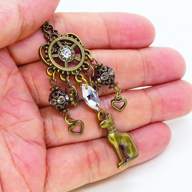 バステト 猫の女神 アンティークゴールド オリエンタル風スワロフスキーとメタルビーズを組合せたネックレス アジャスター