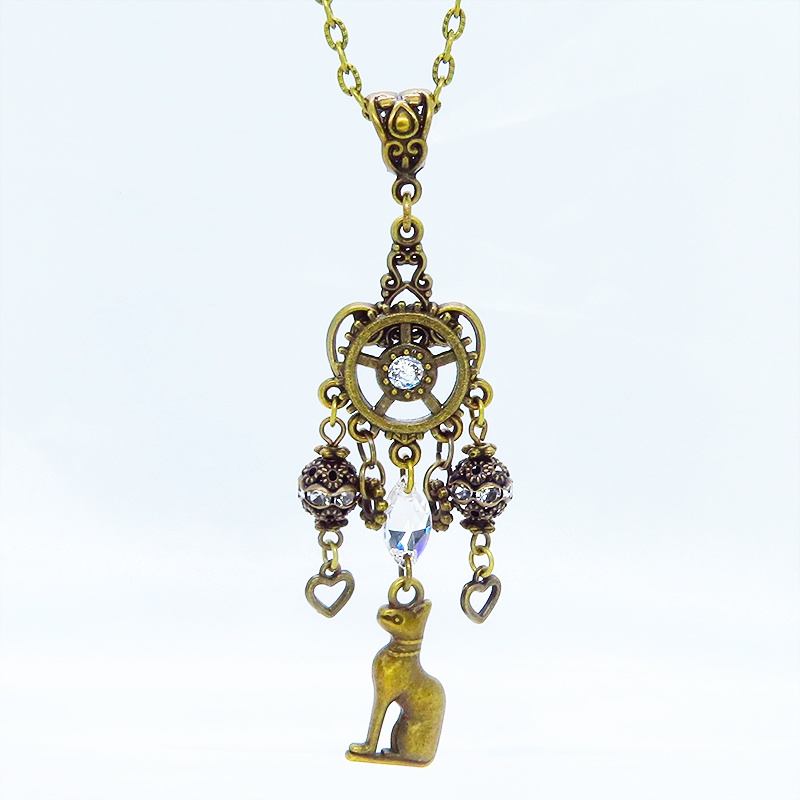 バステト 猫の女神 アンティークゴールド オリエンタル風スワロフスキーとメタルビーズを組合せたネックレス アジャスター