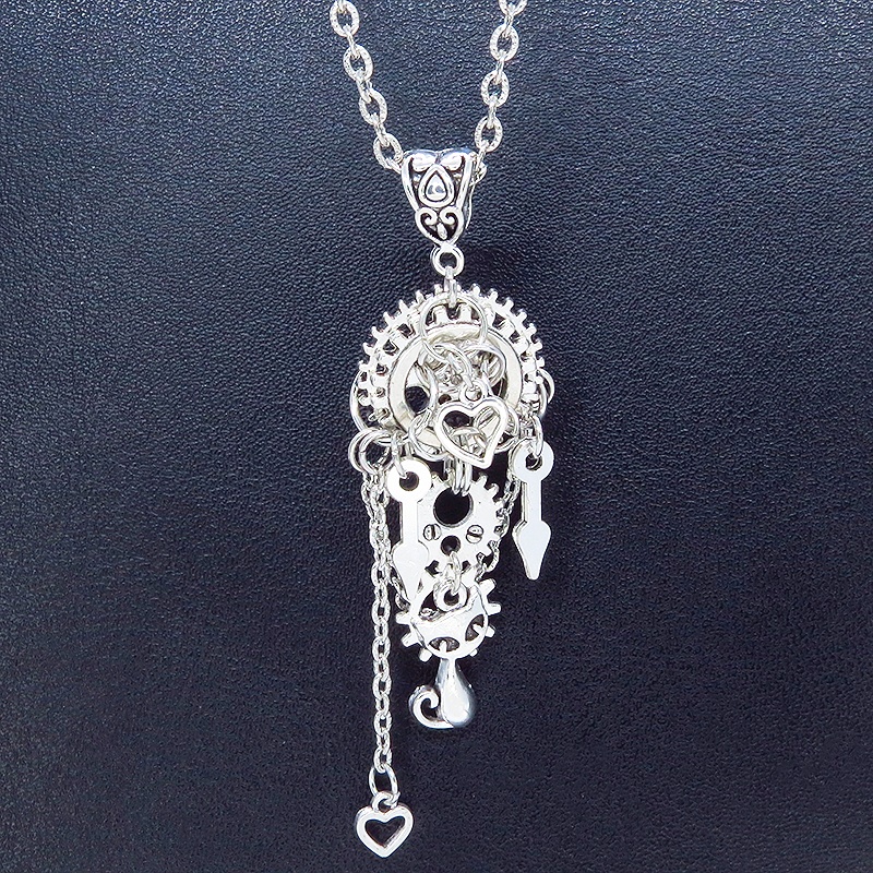アンティークシルバー 猫と歯車・チェーンのスチームパンク風ネックレス ハート アジャスター付 長さ変更可