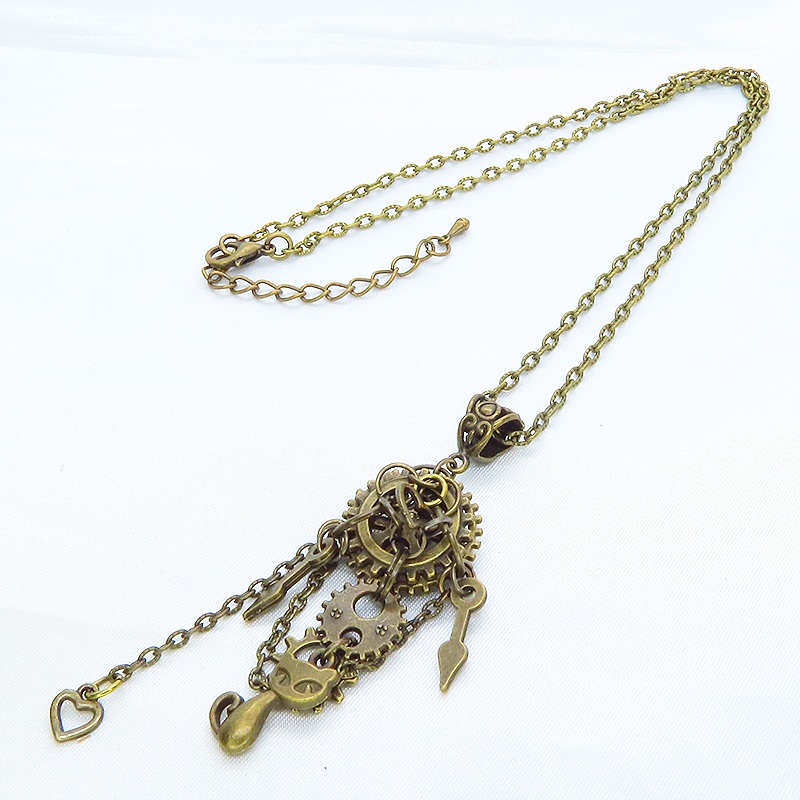 アンティークゴールド 猫と歯車・チェーンのスチームパンク風ネックレス ハート アジャスター付 長さ変更可