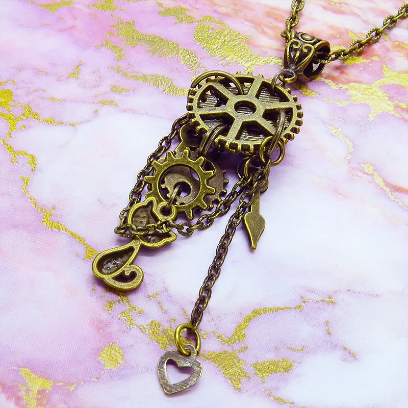 アンティークゴールド 猫と歯車・チェーンのスチームパンク風ネックレス ハート アジャスター付 長さ変更可