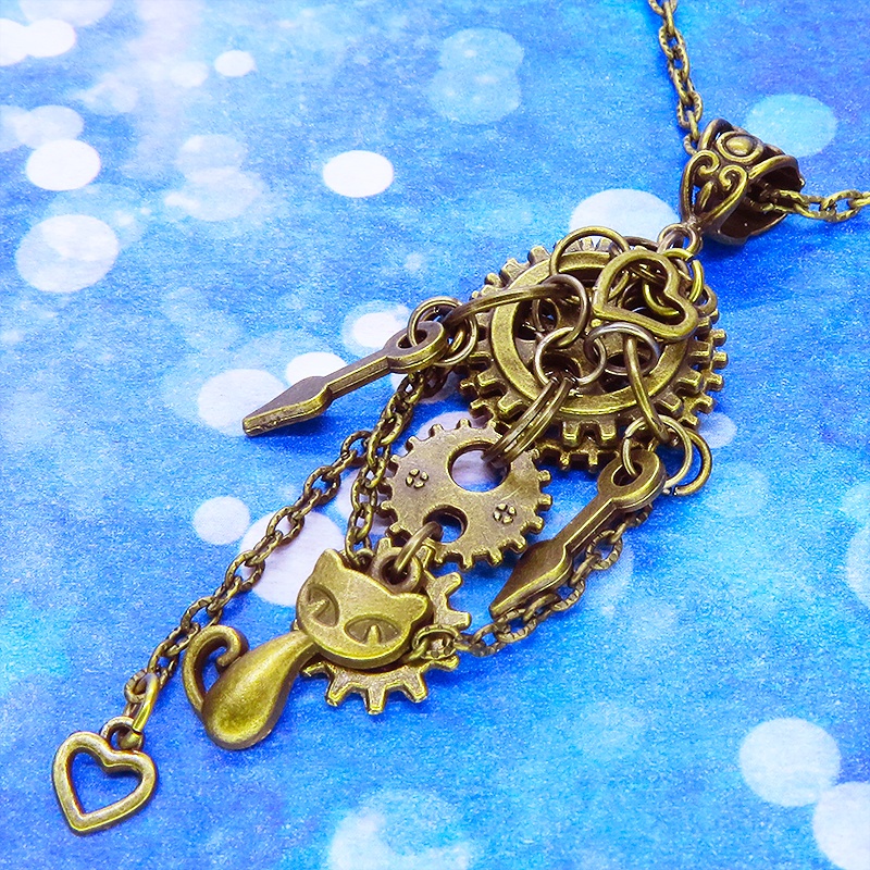 アンティークゴールド 猫と歯車・チェーンのスチームパンク風ネックレス ハート アジャスター付 長さ変更可