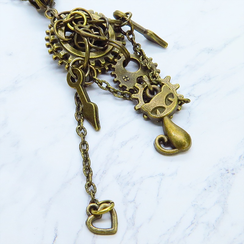 アンティークゴールド 猫と歯車・チェーンのスチームパンク風ネックレス ハート アジャスター付 長さ変更可