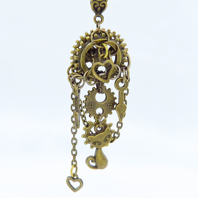 アンティークゴールド 猫と歯車・チェーンのスチームパンク風ネックレス ハート アジャスター付 長さ変更可