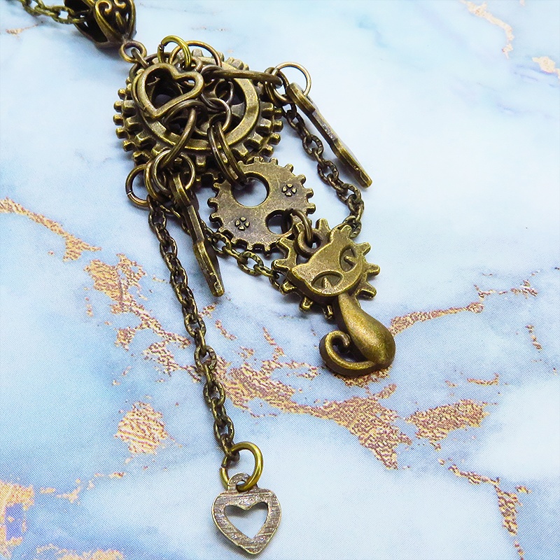 アンティークゴールド 猫と歯車・チェーンのスチームパンク風ネックレス ハート アジャスター付 長さ変更可