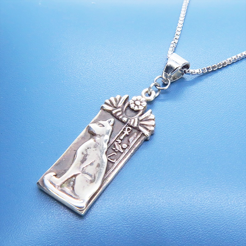 シルバー925 猫の女神 バステト 古代エジプト タグプレートネックレス オリエンタル 猫ネックレス