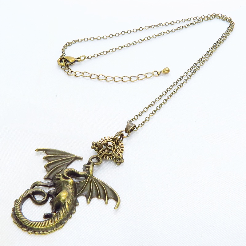 アンティークゴールド 翼を広げるドラゴンと歯車のネックレス ゴシック 金古美色 メンズ レディース
