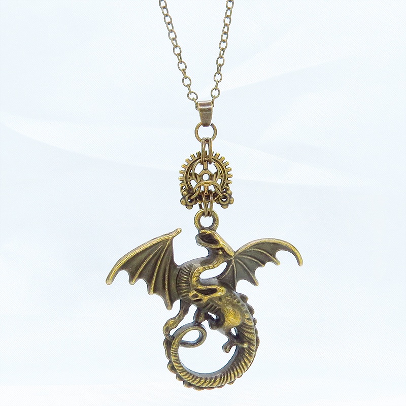 アンティークゴールド 翼を広げるドラゴンと歯車のネックレス ゴシック 金古美色 メンズ レディース